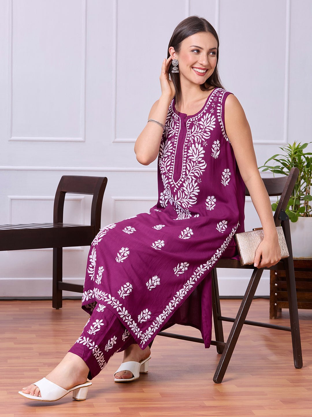 Lucknow Chikankari Hand Embroidered Kurta and Palazzo Set Rayon - Indiankala4u