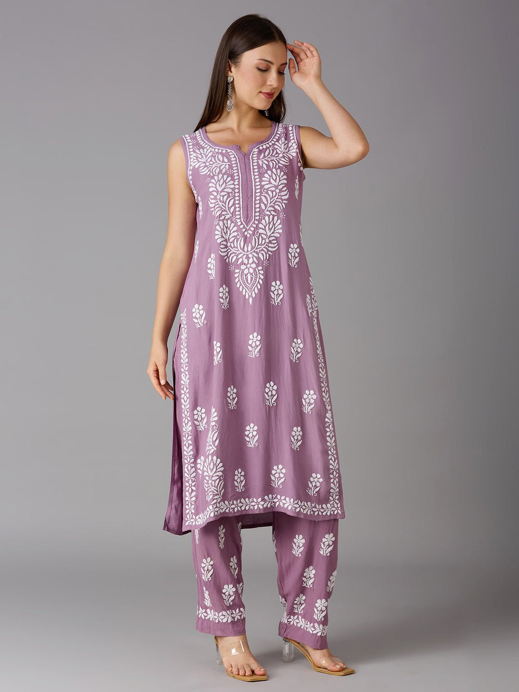 Lucknow Chikankari Hand Embroidered Kurta and Palazzo Set Rayon - Indiankala4u