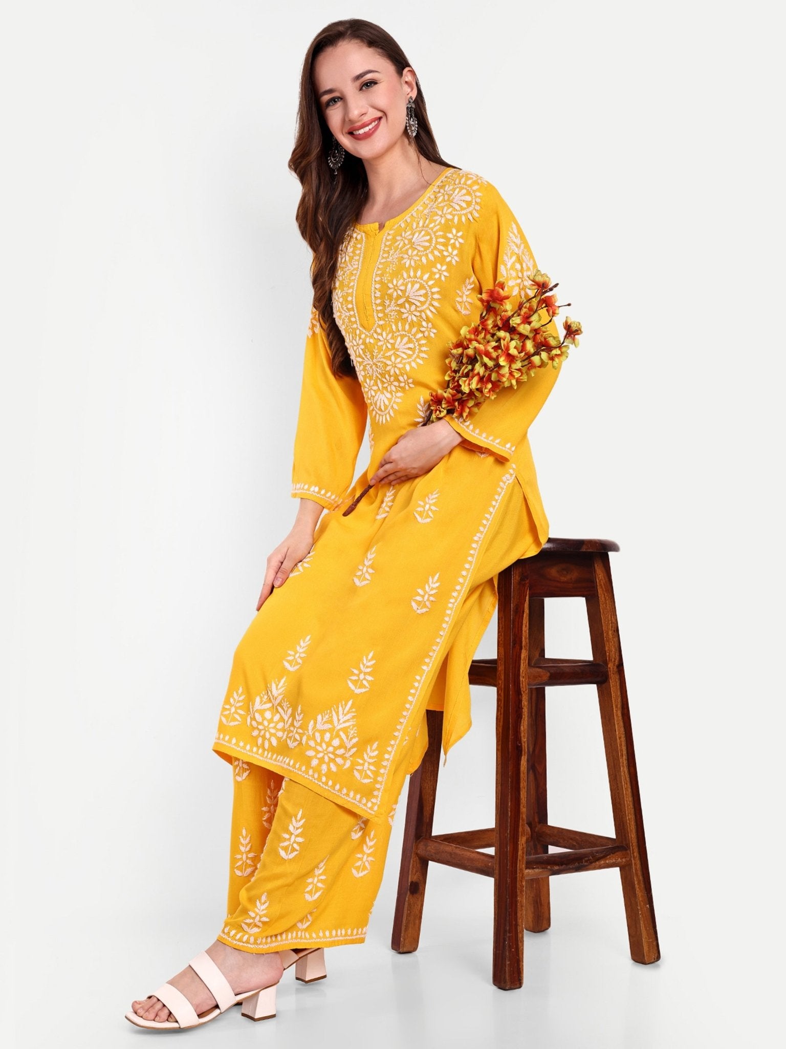 Lucknow Chikankari Hand Embroidered Kurta and Palazzo Set Rayon - Indiankala4u