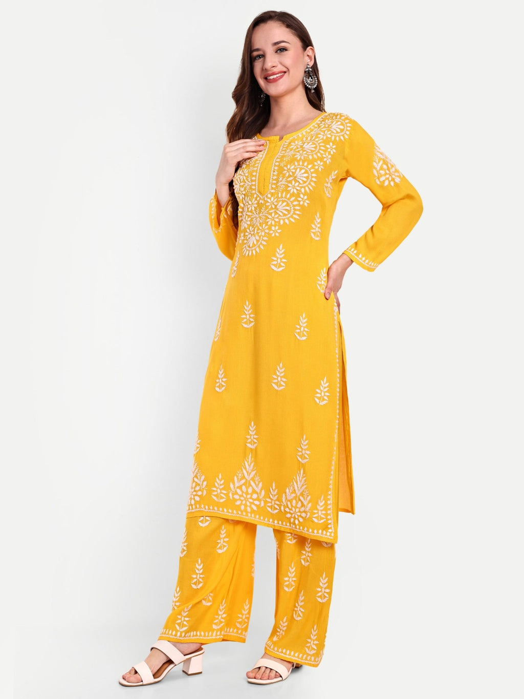 Lucknow Chikankari Hand Embroidered Kurta and Palazzo Set Rayon - Indiankala4u