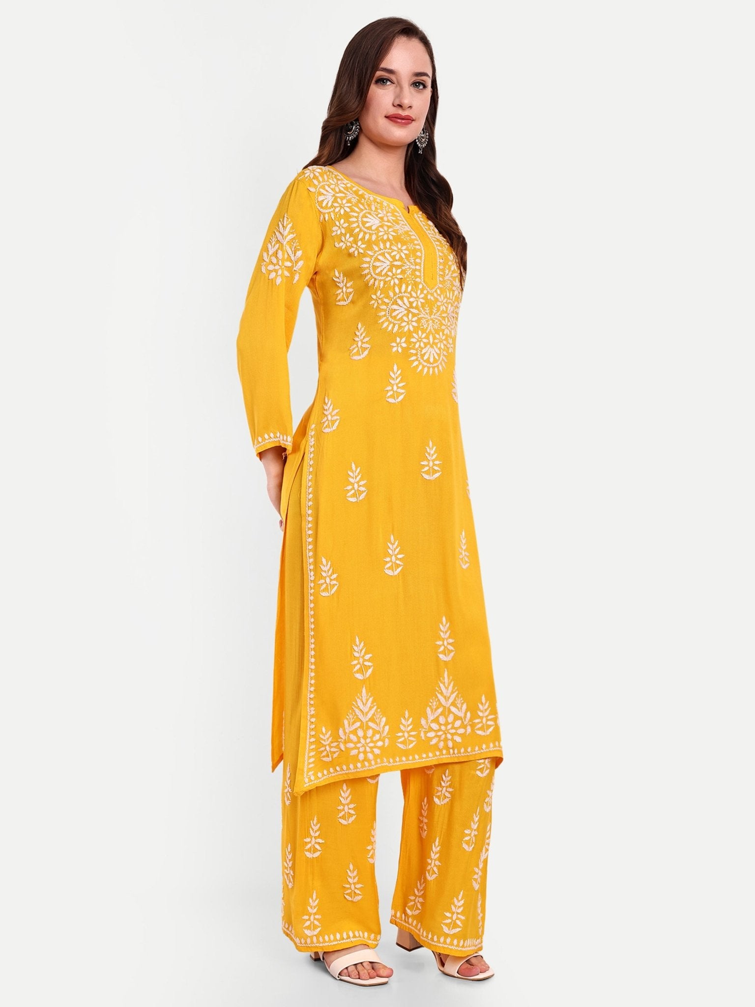 Lucknow Chikankari Hand Embroidered Kurta and Palazzo Set Rayon - Indiankala4u