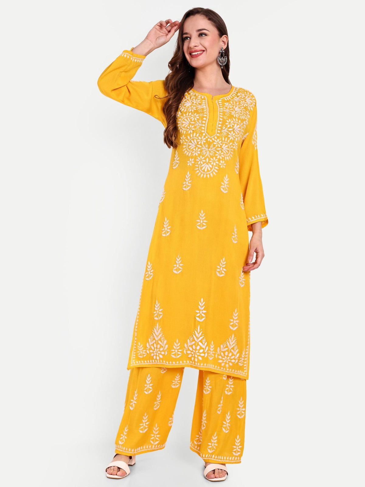 Lucknow Chikankari Hand Embroidered Kurta and Palazzo Set Rayon - Indiankala4u