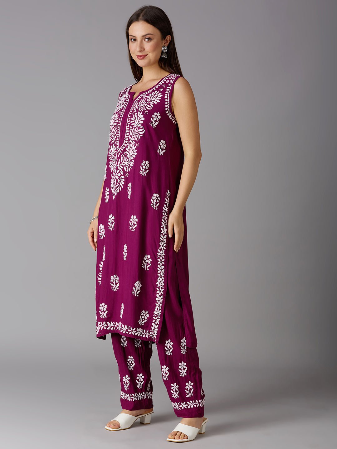 Lucknow Chikankari Hand Embroidered Kurta and Palazzo Set Rayon - Indiankala4u