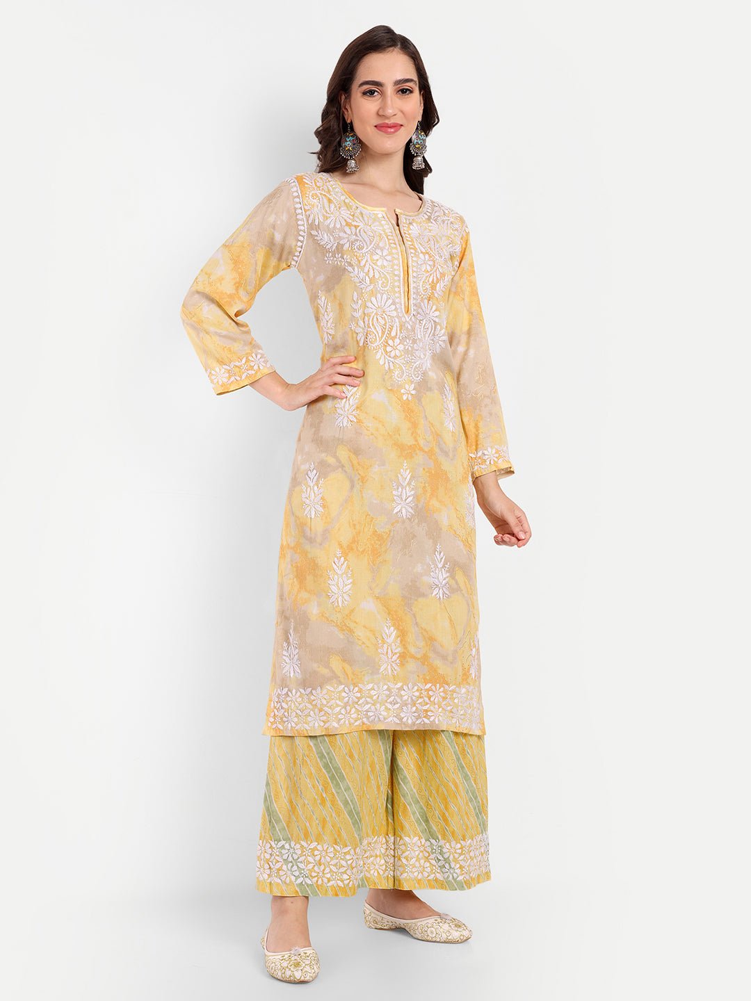 Lucknow Chikankari Hand Embroidered Kurta and Palazzo Set Rayon Slub - Indiankala4u
