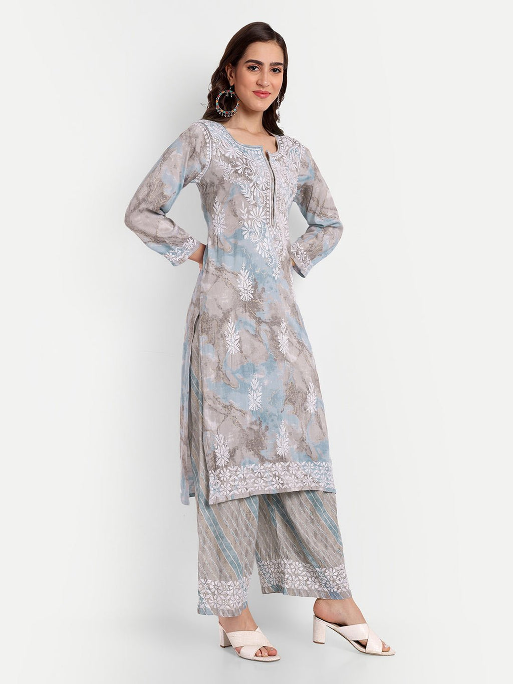 Lucknow Chikankari Hand Embroidered Kurta and Palazzo Set Rayon Slub - Indiankala4u