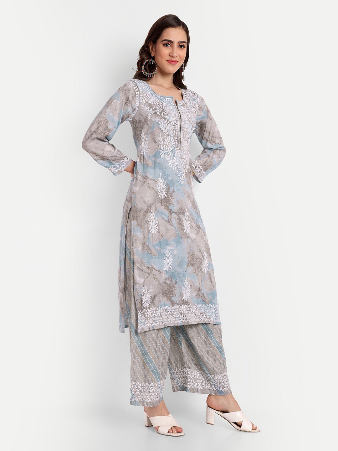 Lucknow Chikankari Hand Embroidered Kurta and Palazzo Set Rayon Slub - Indiankala4u