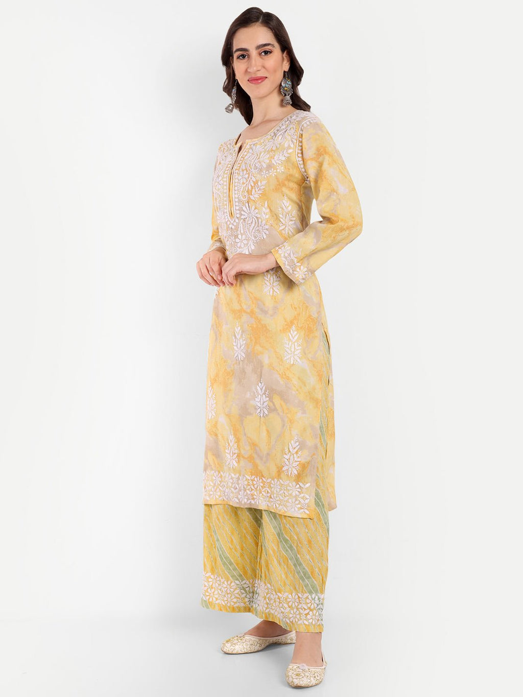 Lucknow Chikankari Hand Embroidered Kurta and Palazzo Set Rayon Slub - Indiankala4u