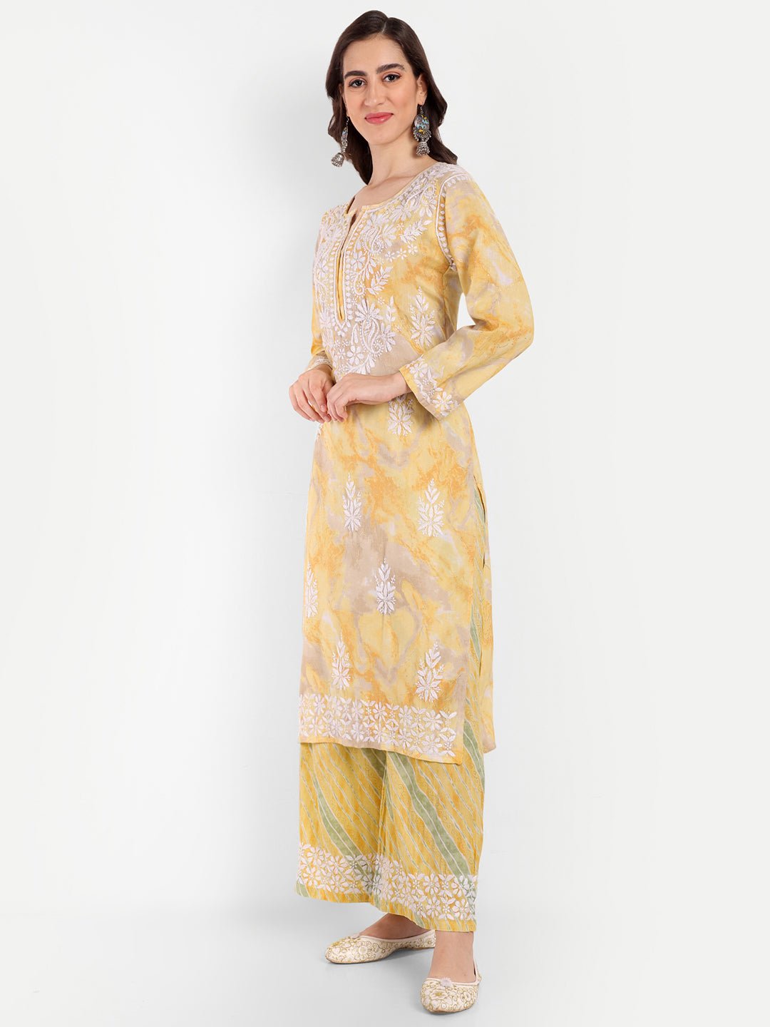 Lucknow Chikankari Hand Embroidered Kurta and Palazzo Set Rayon Slub - Indiankala4u