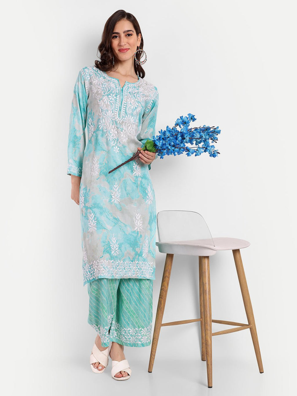 Lucknow Chikankari Hand Embroidered Kurta and Palazzo Set Rayon Slub - Indiankala4u