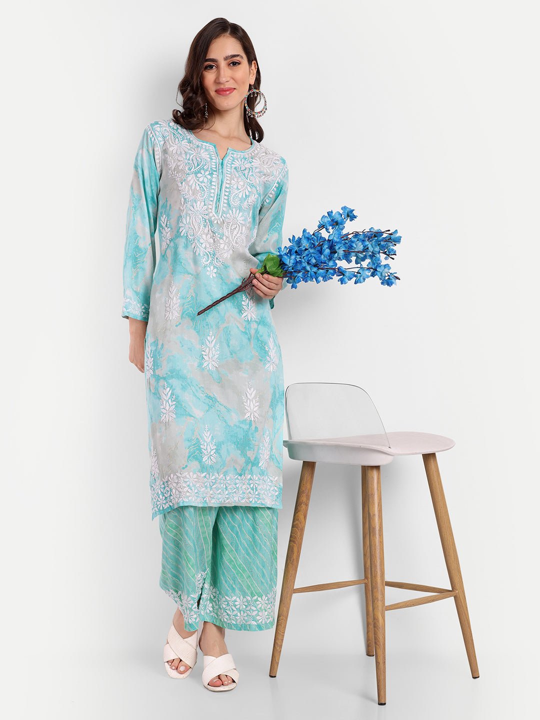 Lucknow Chikankari Hand Embroidered Kurta and Palazzo Set Rayon Slub - Indiankala4u