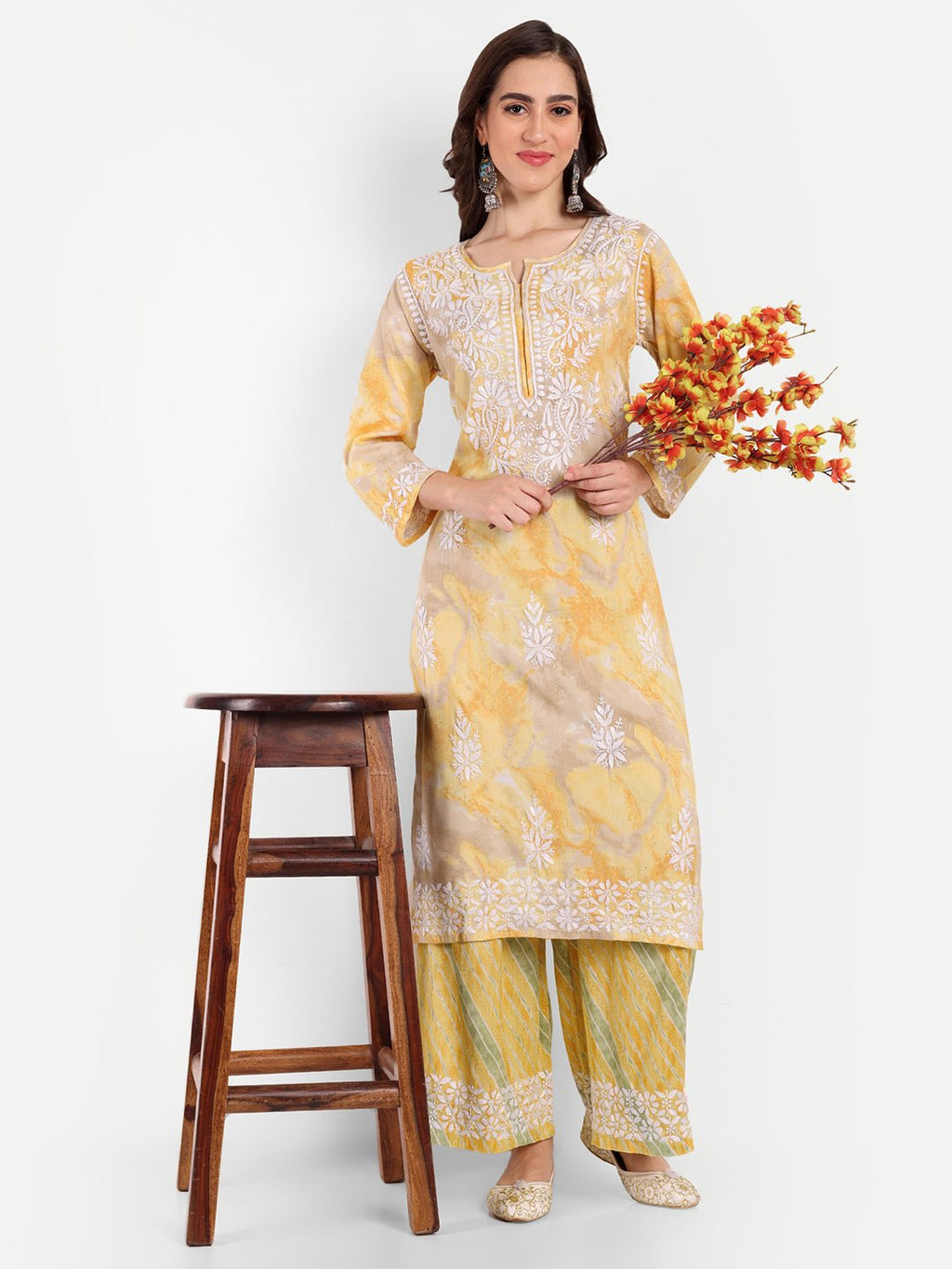 Lucknow Chikankari Hand Embroidered Kurta and Palazzo Set Rayon Slub - Indiankala4u