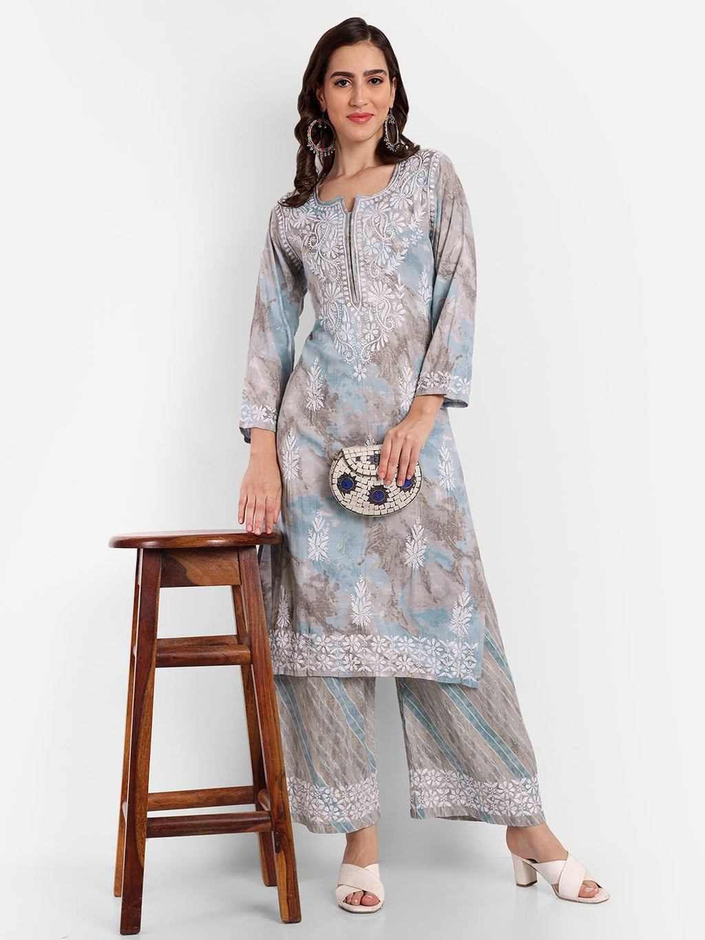 Lucknow Chikankari Hand Embroidered Kurta and Palazzo Set Rayon Slub - Indiankala4u