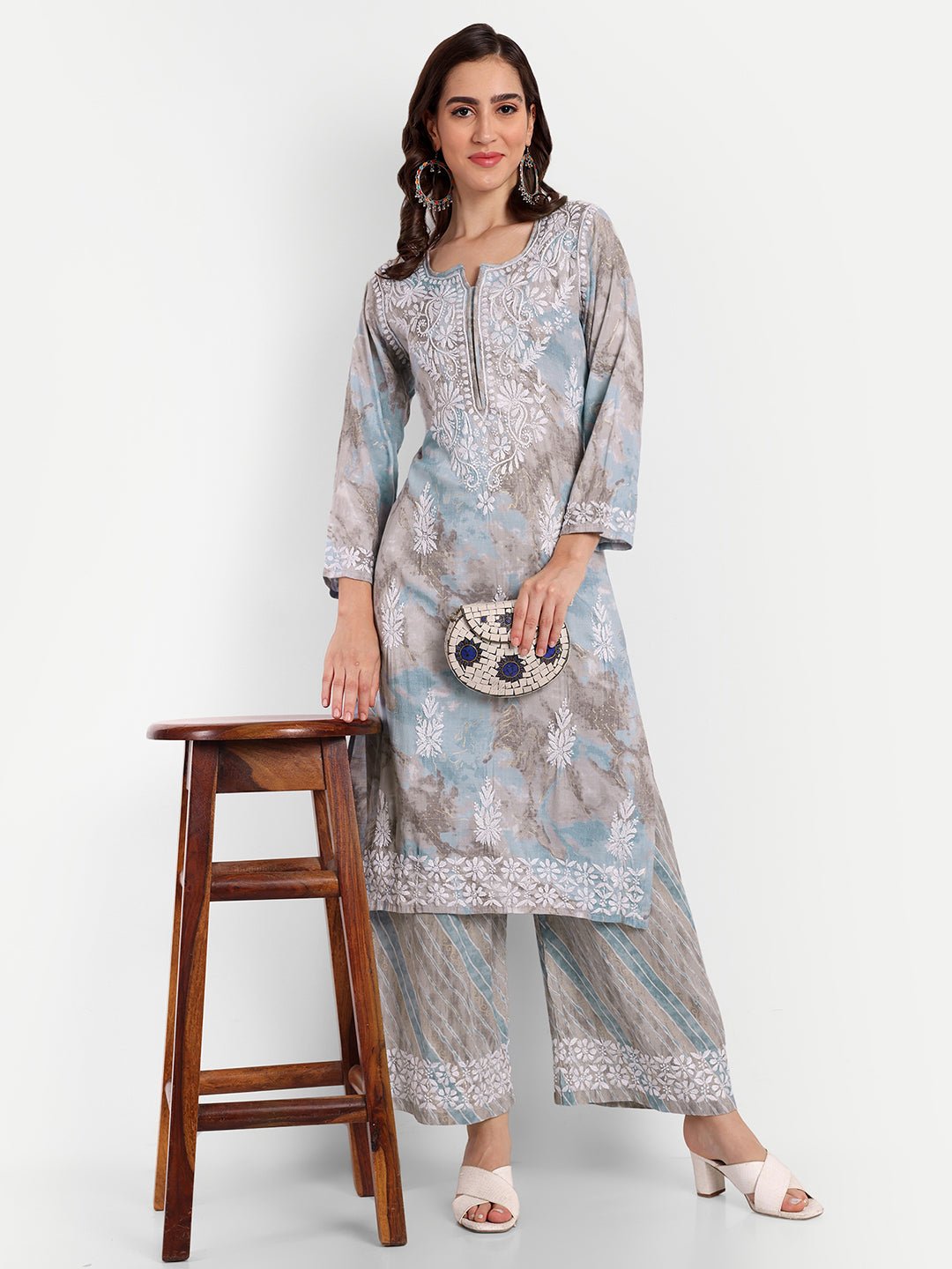 Lucknow Chikankari Hand Embroidered Kurta and Palazzo Set Rayon Slub - Indiankala4u