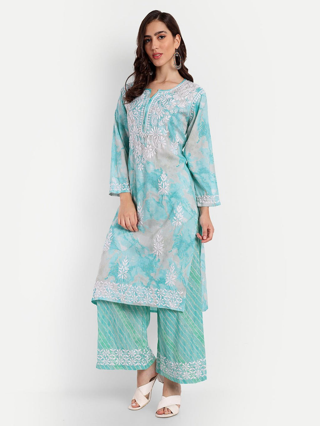 Lucknow Chikankari Hand Embroidered Kurta and Palazzo Set Rayon Slub - Indiankala4u