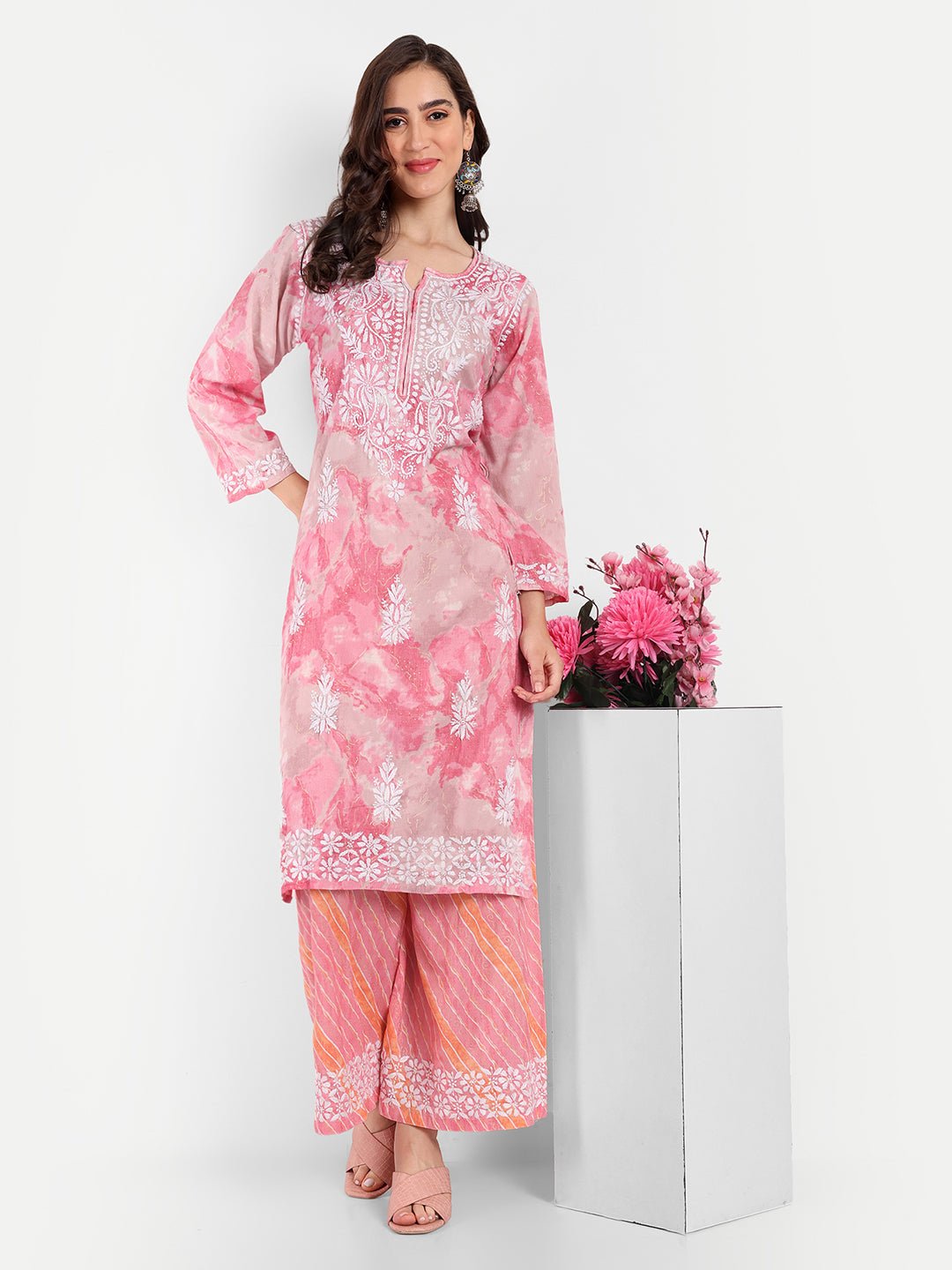 Lucknow Chikankari Hand Embroidered Kurta and Palazzo Set Rayon Slub - Indiankala4u