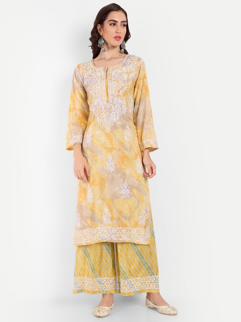 Lucknow Chikankari Hand Embroidered Kurta and Palazzo Set Rayon Slub - Indiankala4u