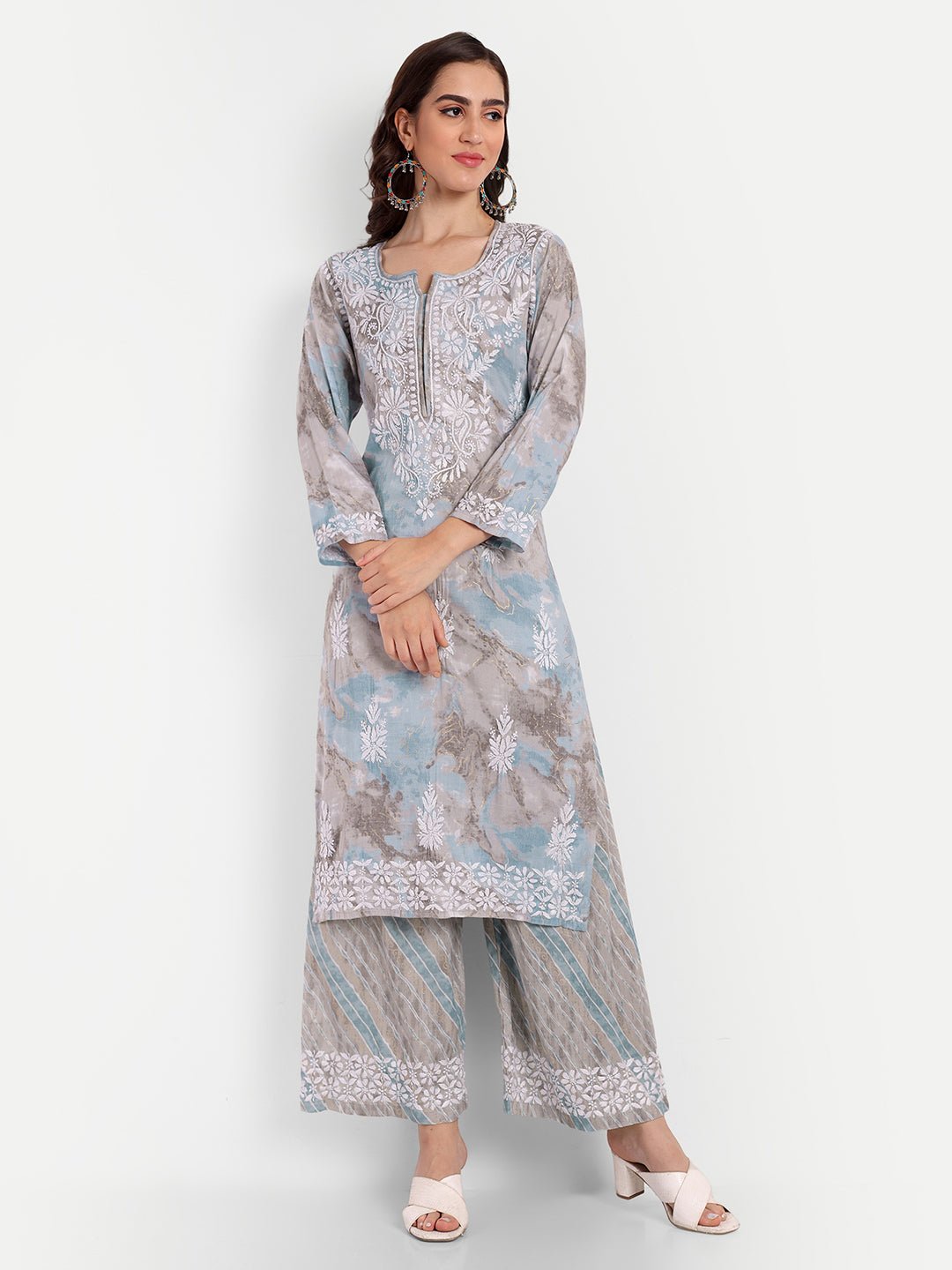 Lucknow Chikankari Hand Embroidered Kurta and Palazzo Set Rayon Slub - Indiankala4u