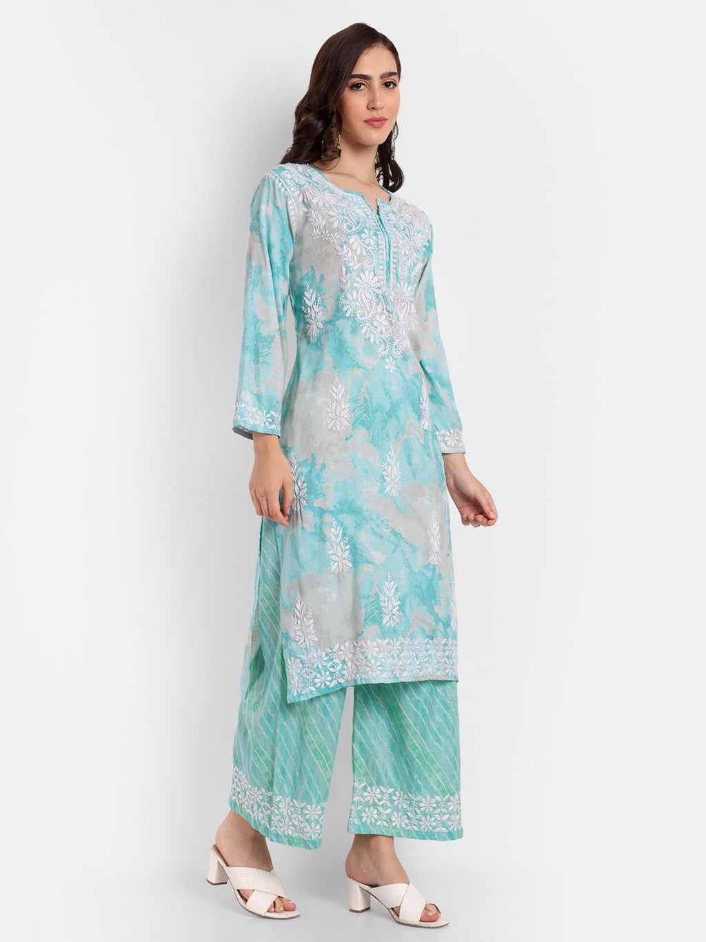 Lucknow Chikankari Hand Embroidered Kurta and Palazzo Set Rayon Slub - Indiankala4u
