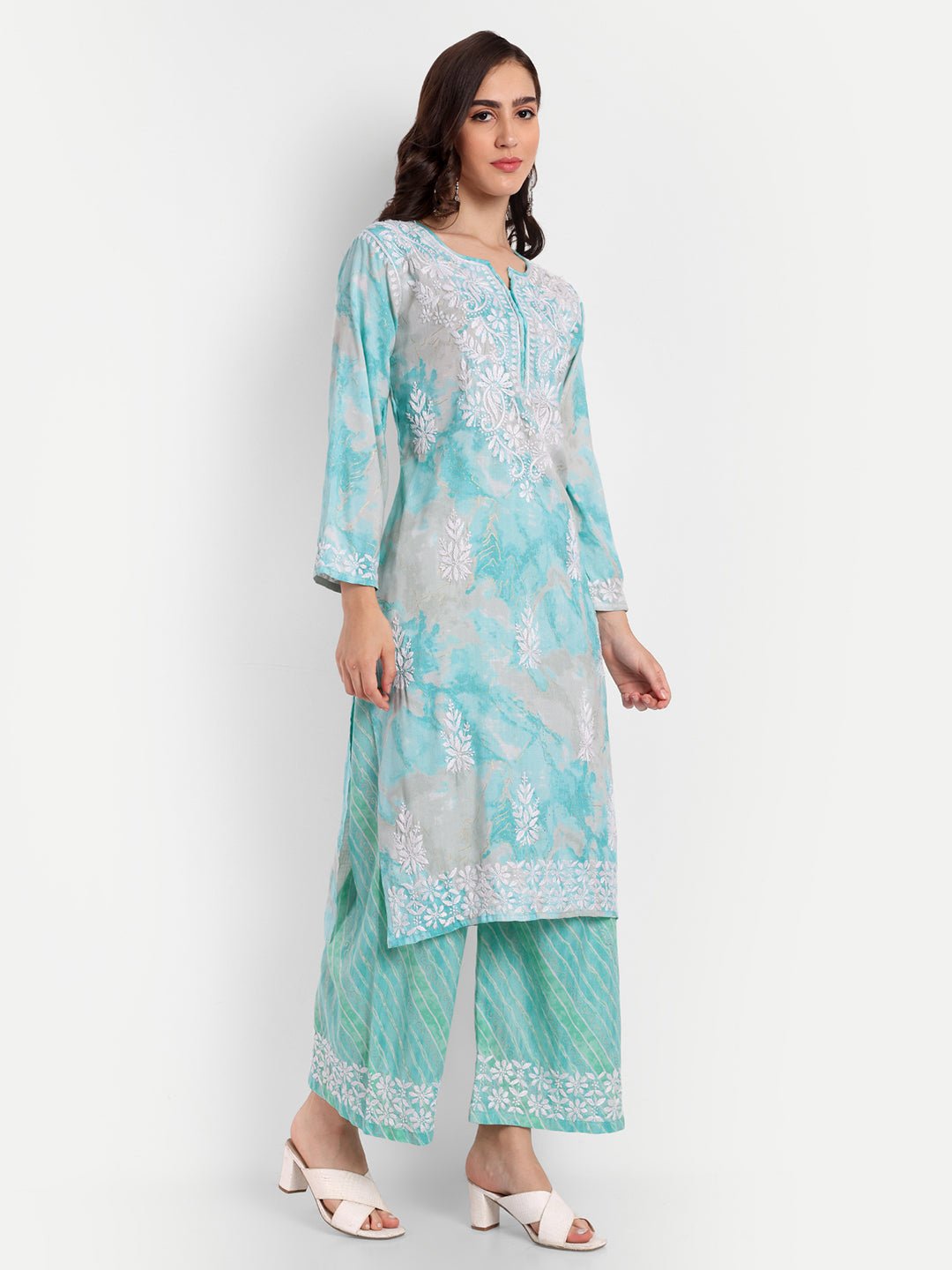 Lucknow Chikankari Hand Embroidered Kurta and Palazzo Set Rayon Slub - Indiankala4u