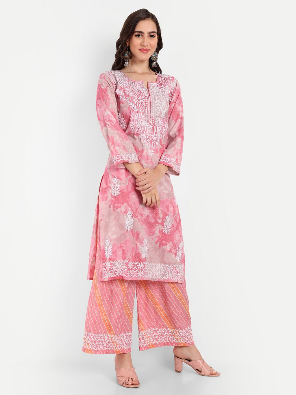 Lucknow Chikankari Hand Embroidered Kurta and Palazzo Set Rayon Slub - Indiankala4u