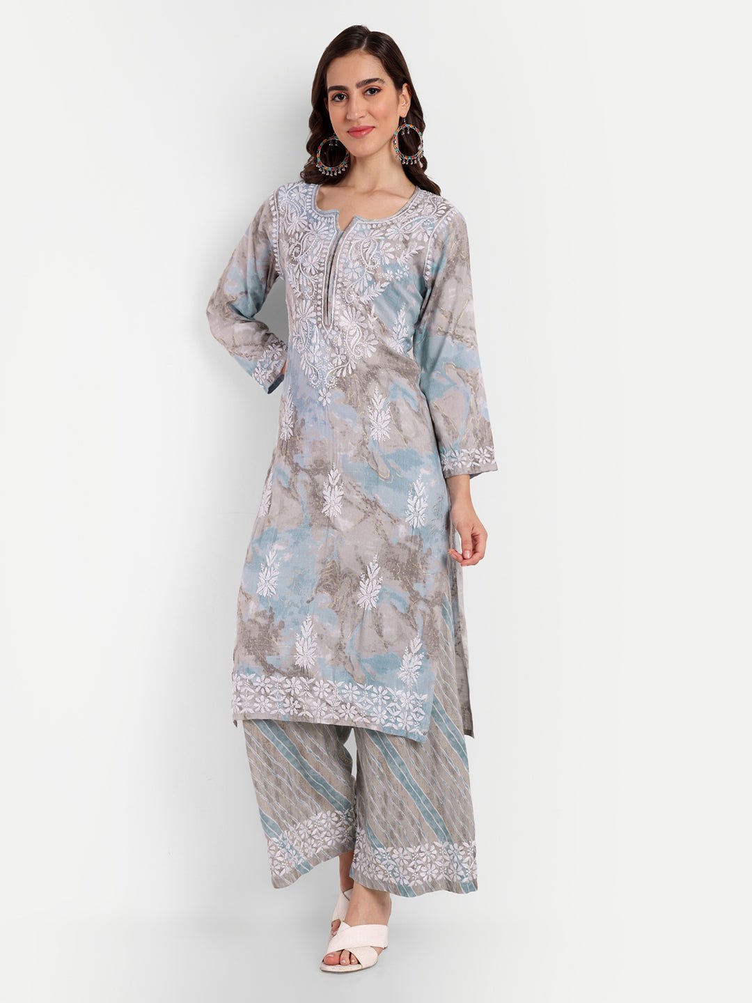 Lucknow Chikankari Hand Embroidered Kurta and Palazzo Set Rayon Slub - Indiankala4u