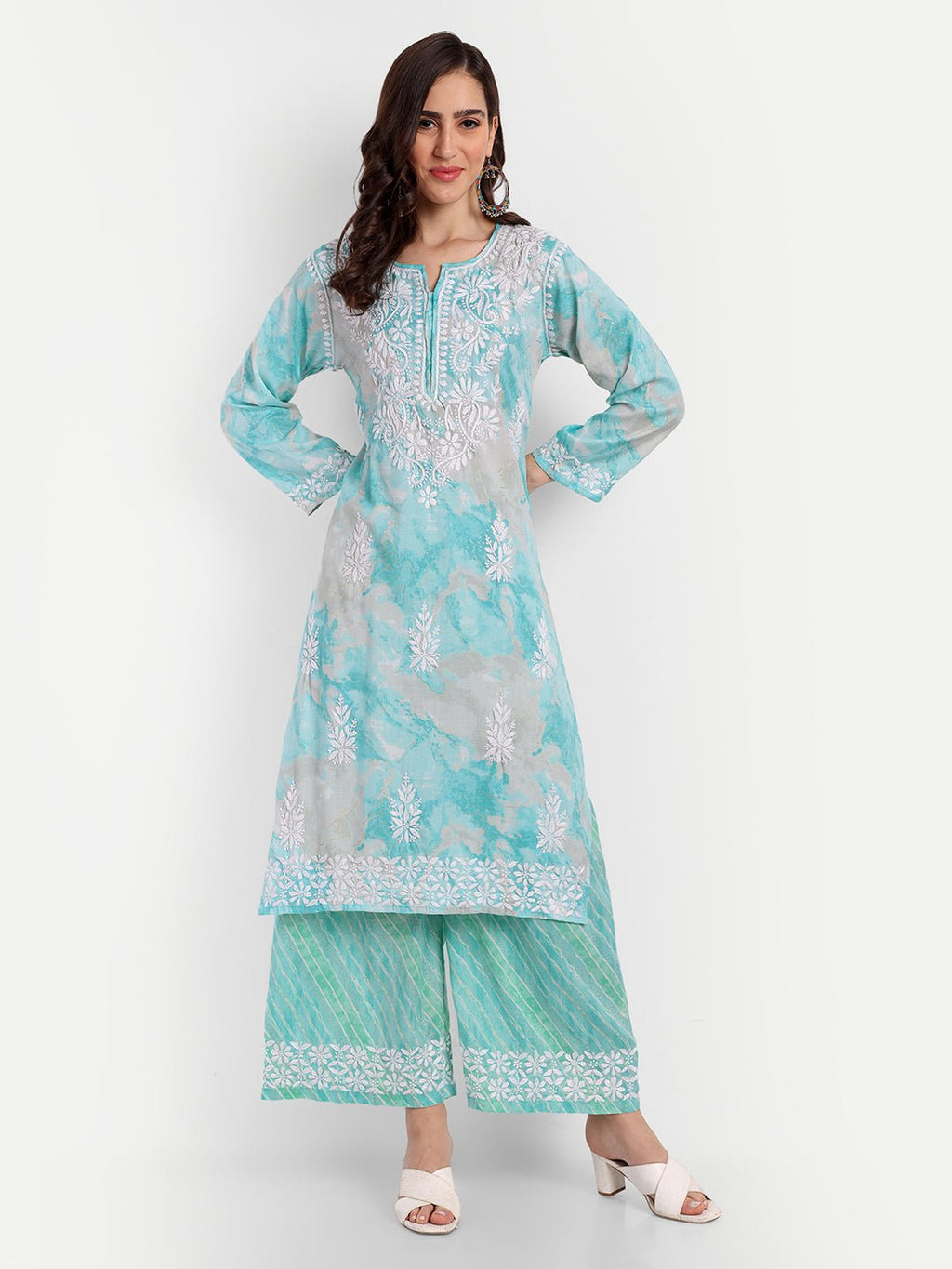Lucknow Chikankari Hand Embroidered Kurta and Palazzo Set Rayon Slub - Indiankala4u