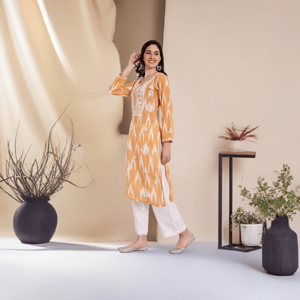 Lucknow Chikankari Hand Embroidered Kurta Ikat Cotton - Indiankala4u