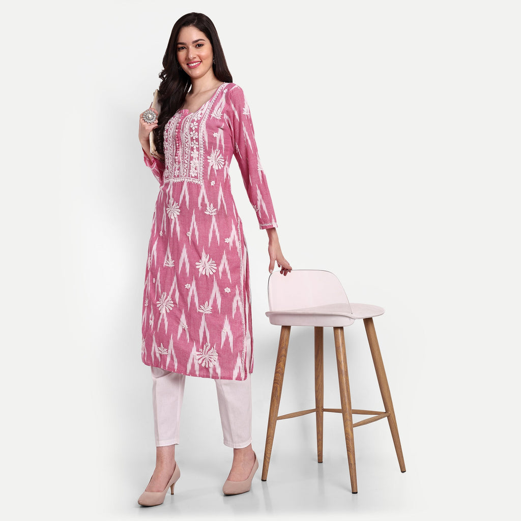 Lucknow Chikankari Hand Embroidered Kurta Ikat Cotton - Indiankala4u