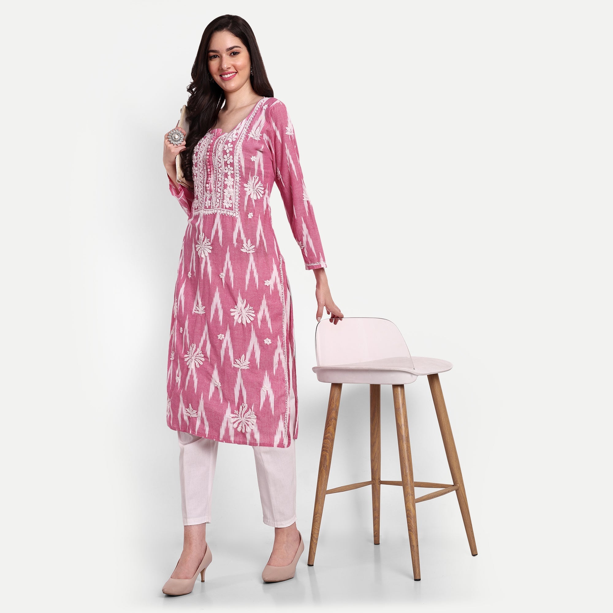 Lucknow Chikankari Hand Embroidered Kurta Ikat Cotton - Indiankala4u