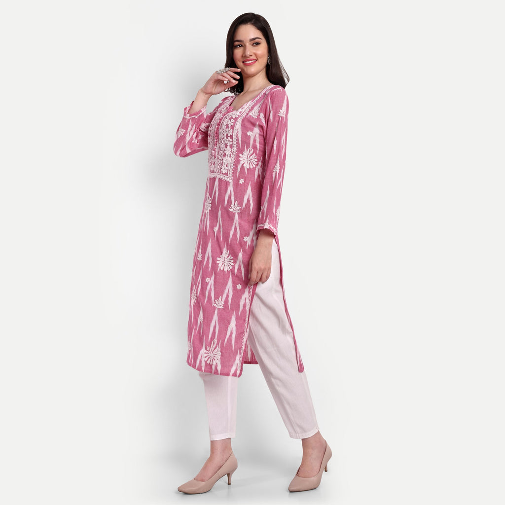Lucknow Chikankari Hand Embroidered Kurta Ikat Cotton - Indiankala4u