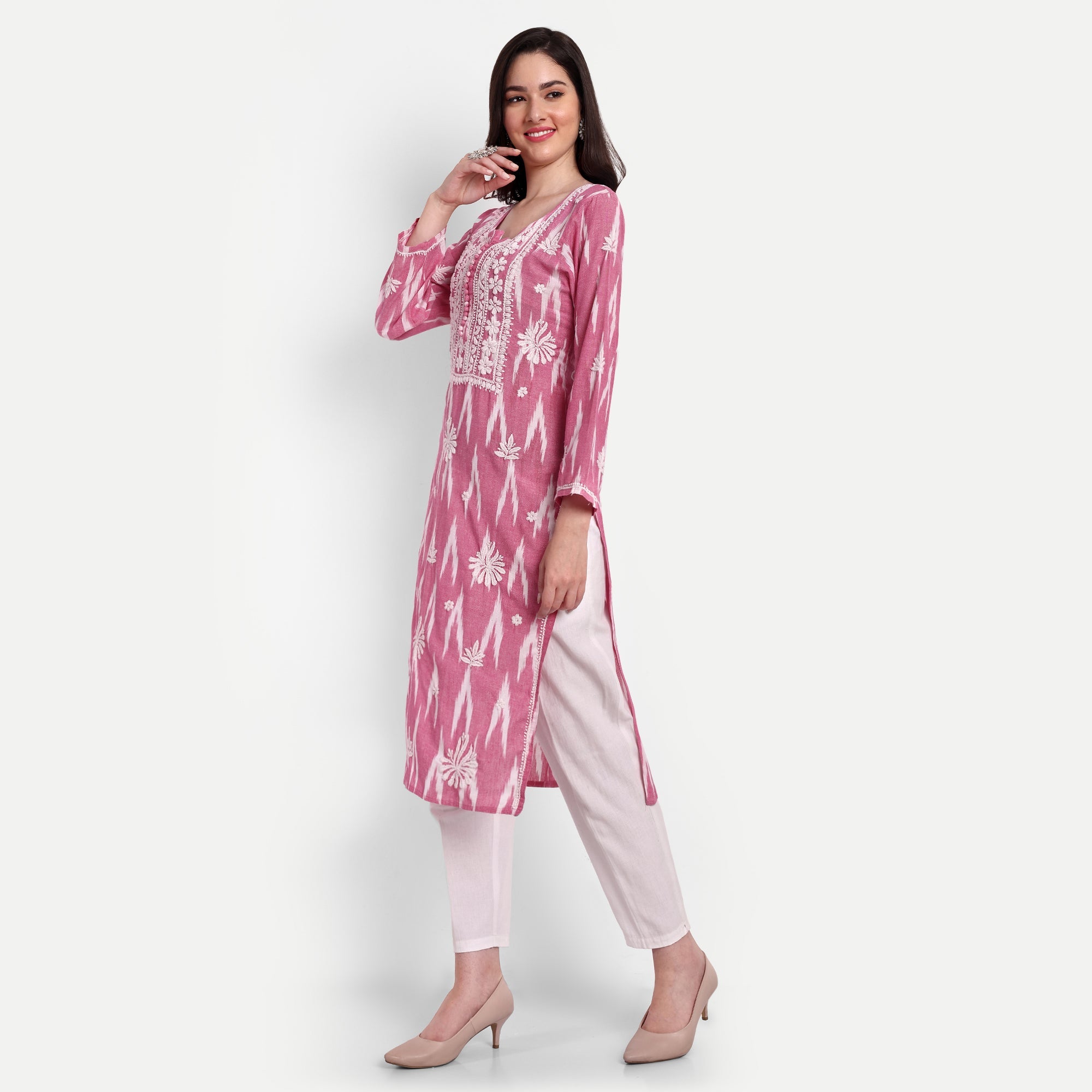 Lucknow Chikankari Hand Embroidered Kurta Ikat Cotton - Indiankala4u