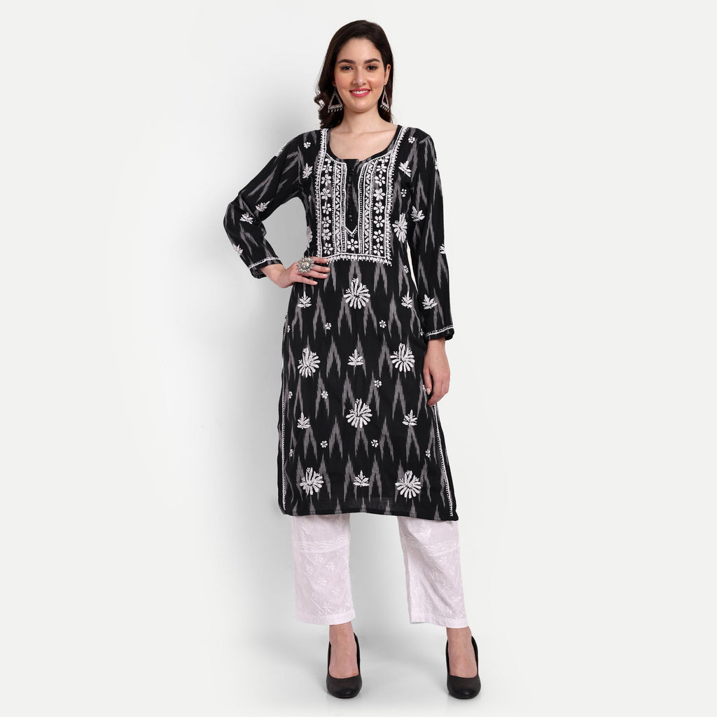 Lucknow Chikankari Hand Embroidered Kurta Ikat Cotton - Indiankala4u