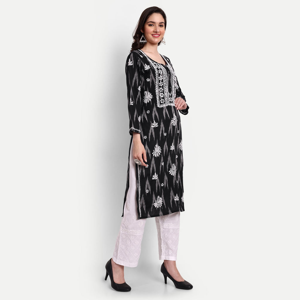 Lucknow Chikankari Hand Embroidered Kurta Ikat Cotton - Indiankala4u