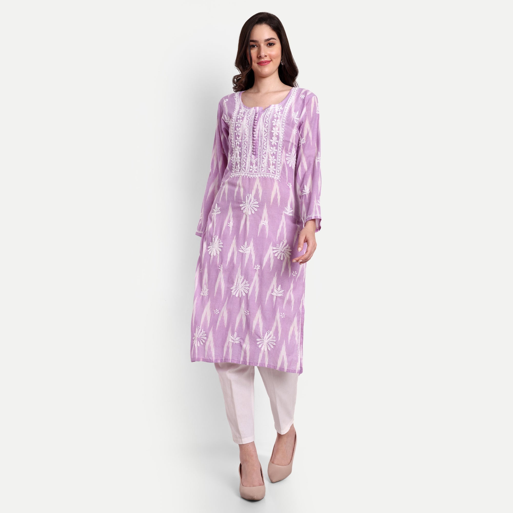 Lucknow Chikankari Hand Embroidered Kurta Ikat Cotton - Indiankala4u