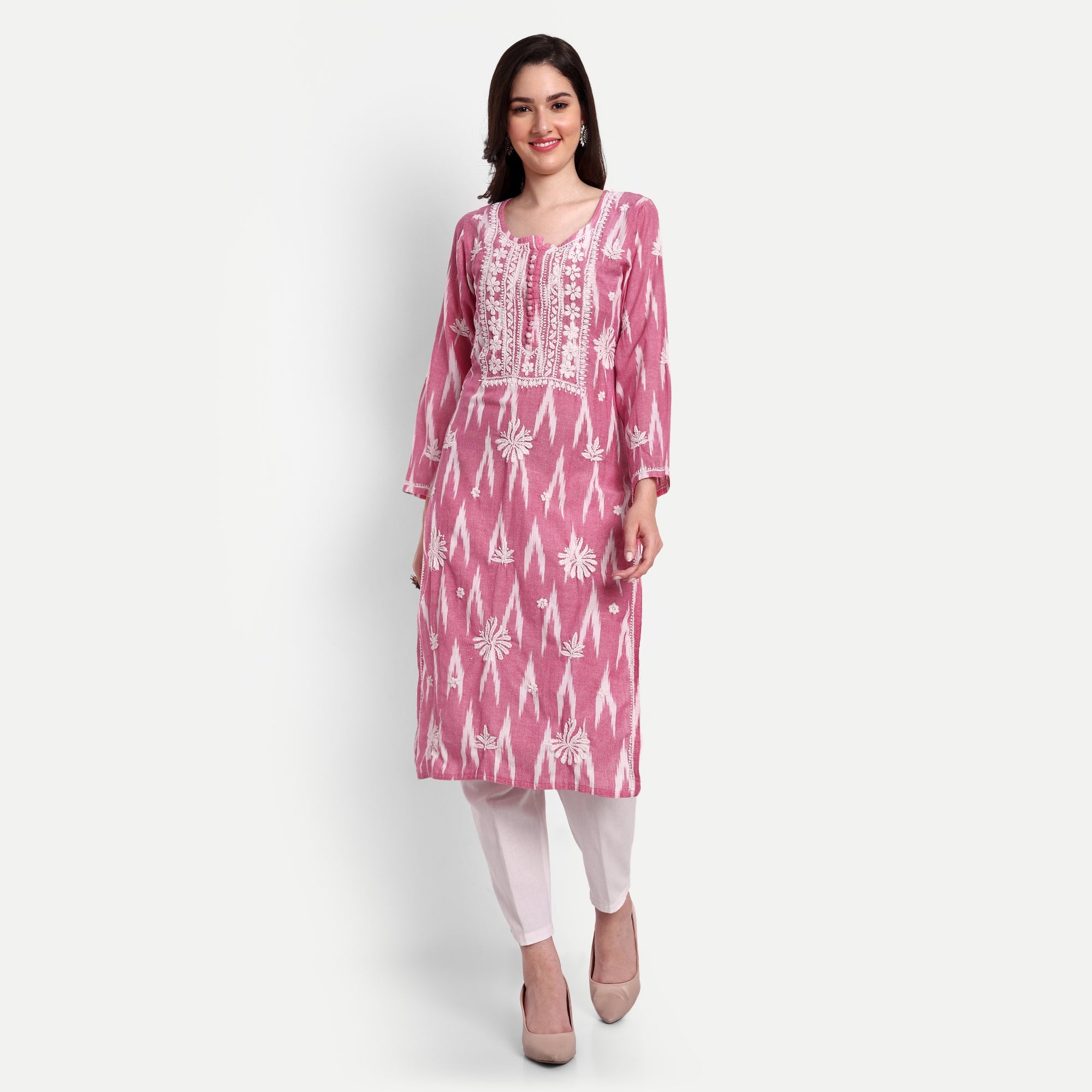 Lucknow Chikankari Hand Embroidered Kurta Ikat Cotton - Indiankala4u
