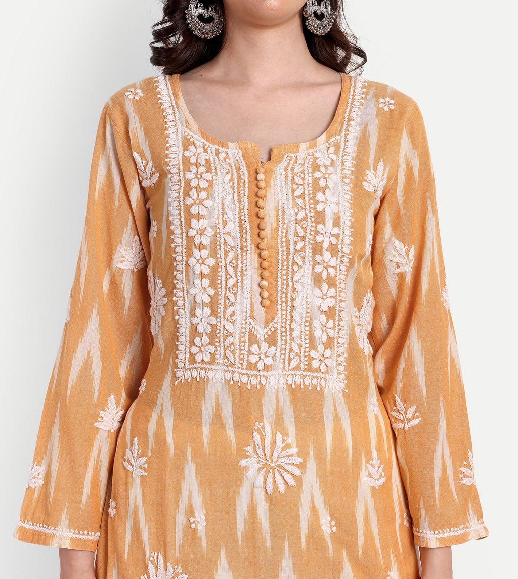 Lucknow Chikankari Hand Embroidered Kurta Ikat Cotton - Indiankala4u
