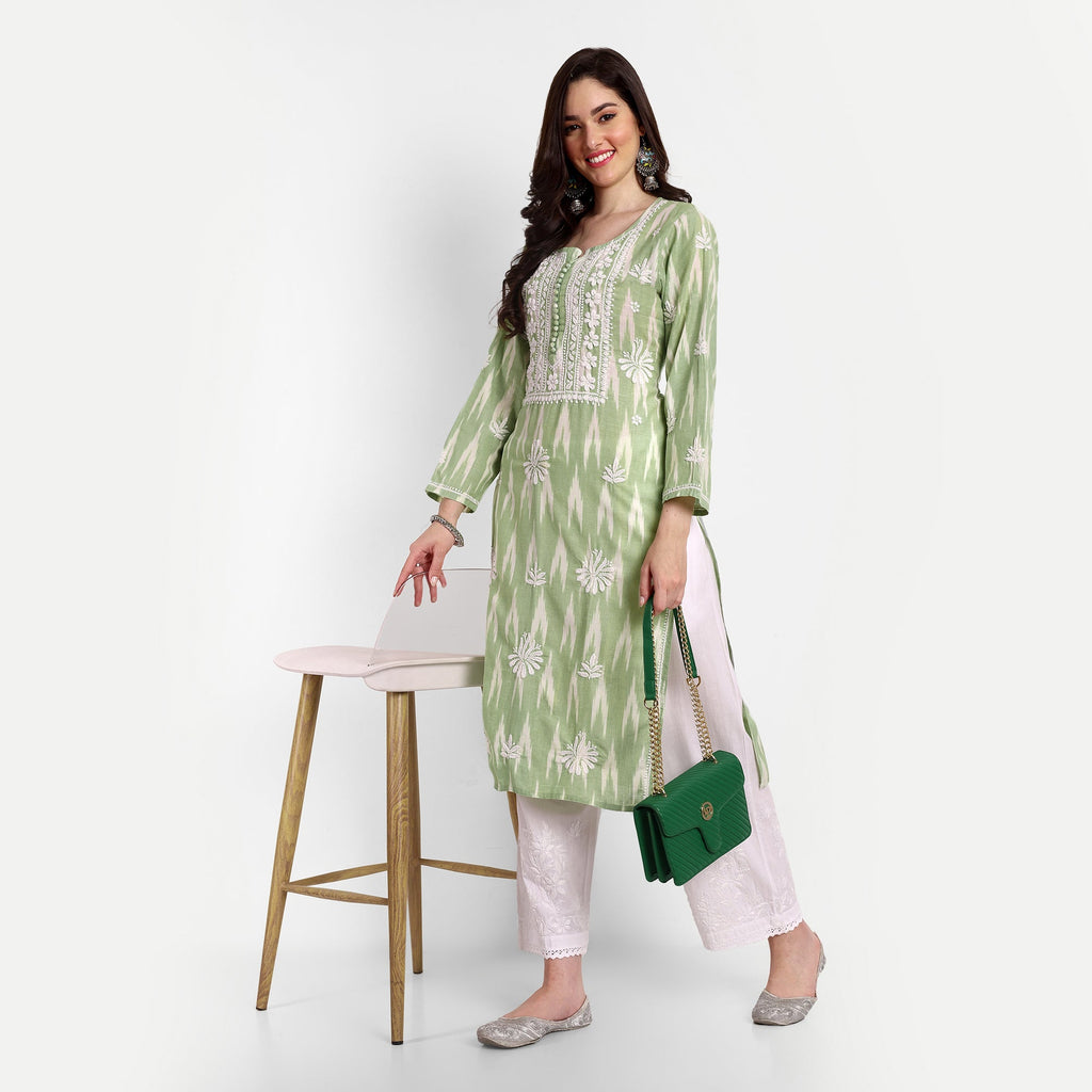 Lucknow Chikankari Hand Embroidered Kurta Ikat Cotton - Indiankala4u