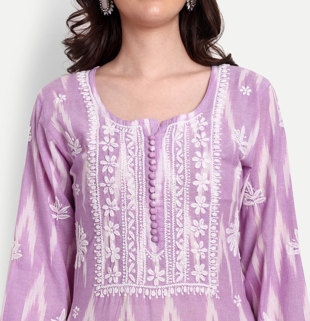 Lucknow Chikankari Hand Embroidered Kurta Ikat Cotton - Indiankala4u