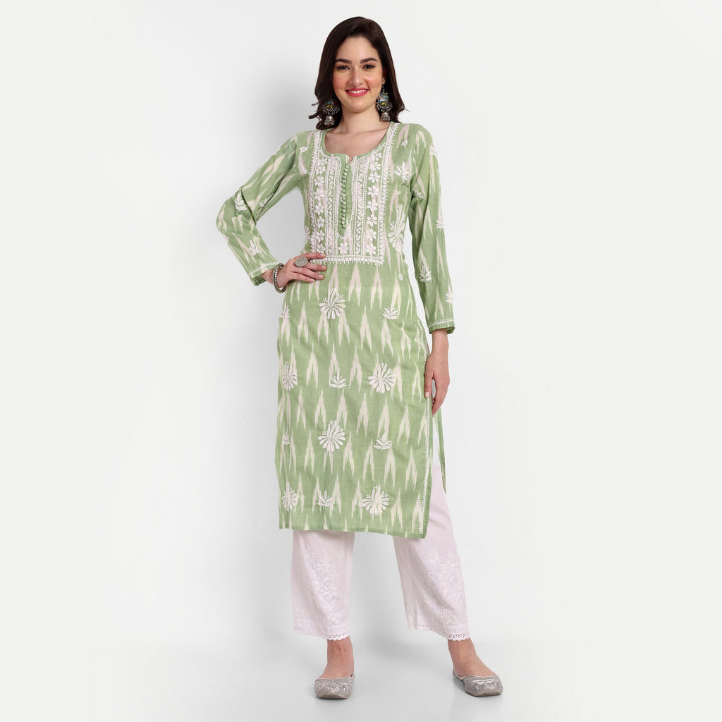 Lucknow Chikankari Hand Embroidered Kurta Ikat Cotton - Indiankala4u