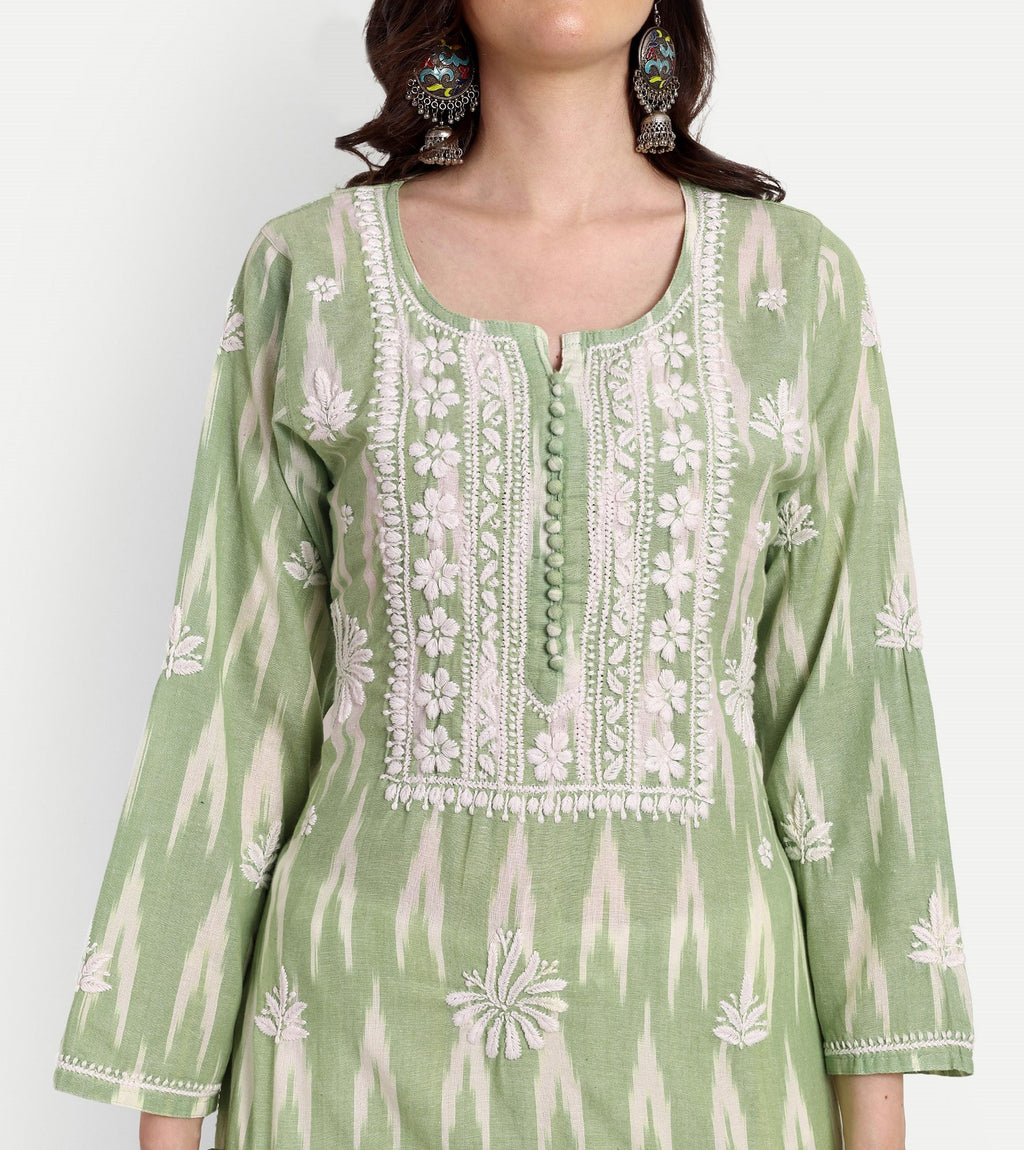 Lucknow Chikankari Hand Embroidered Kurta Ikat Cotton - Indiankala4u