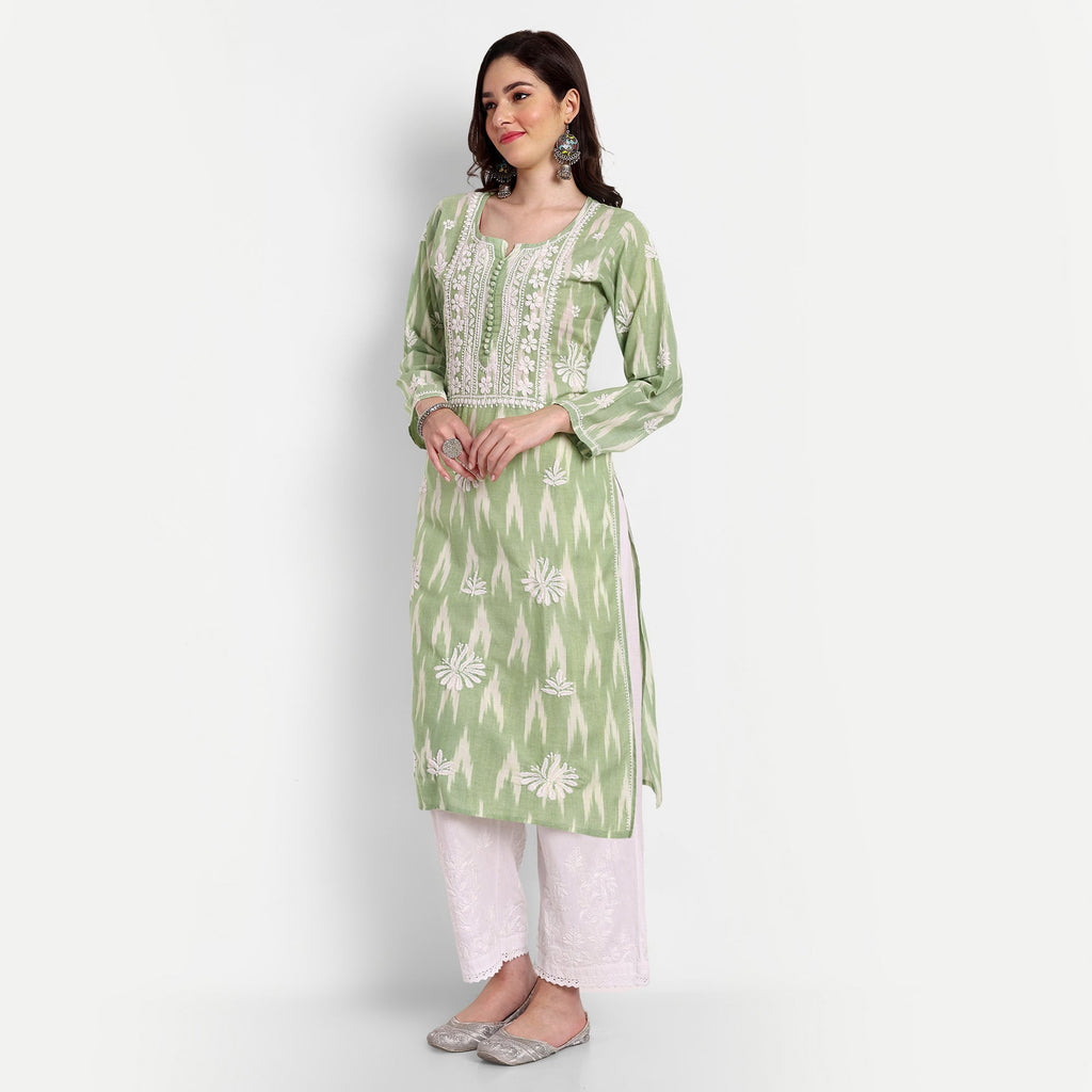 Lucknow Chikankari Hand Embroidered Kurta Ikat Cotton - Indiankala4u