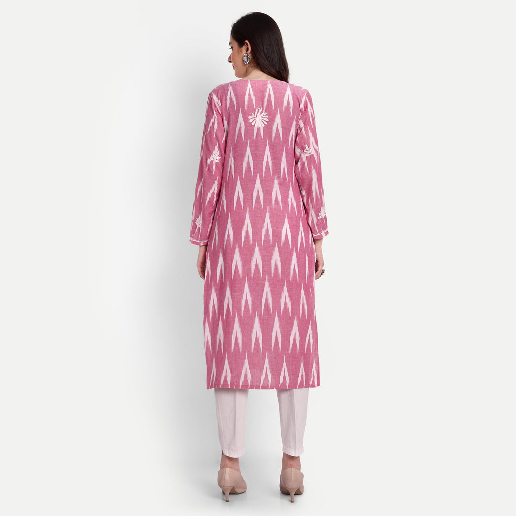 Lucknow Chikankari Hand Embroidered Kurta Ikat Cotton - Indiankala4u