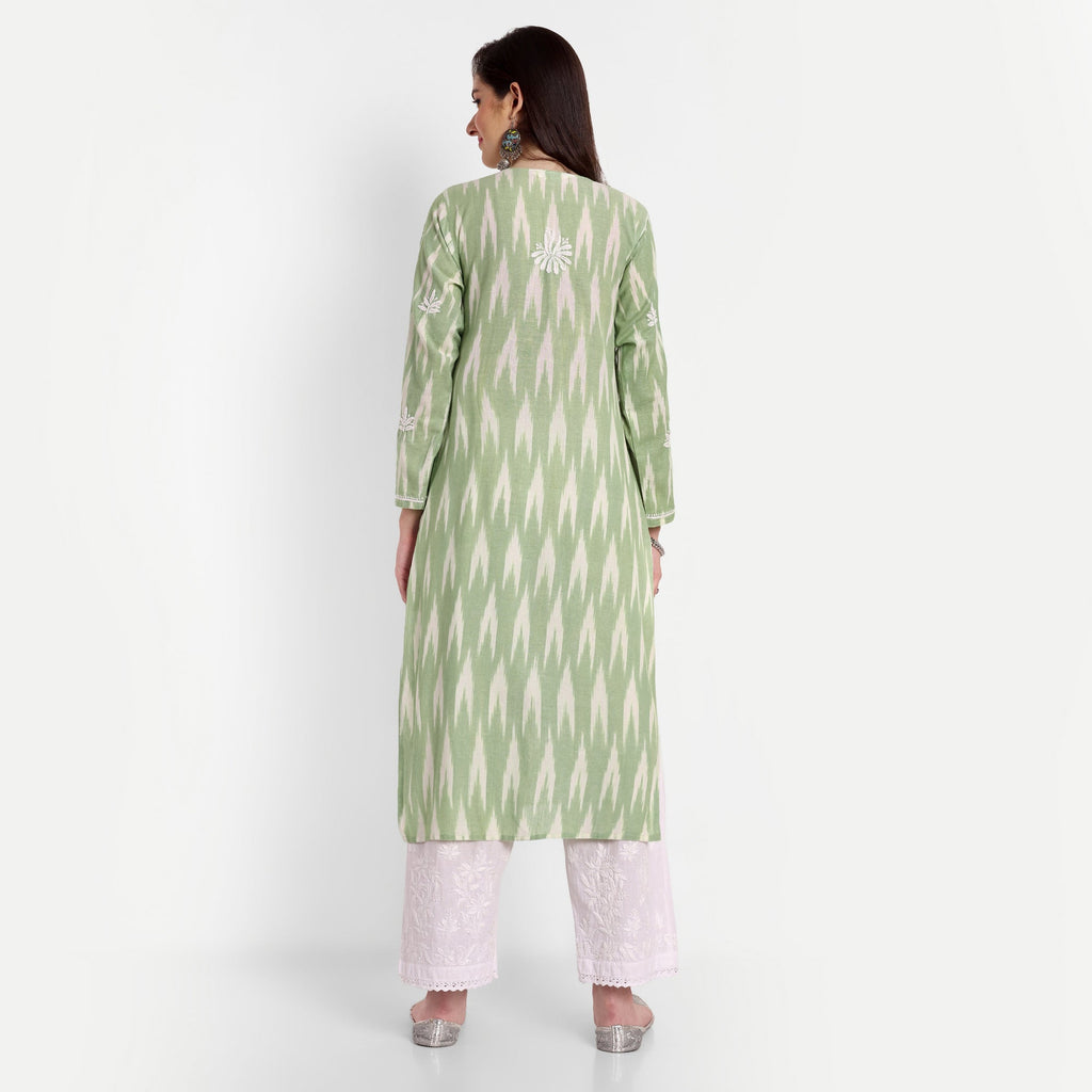 Lucknow Chikankari Hand Embroidered Kurta Ikat Cotton - Indiankala4u