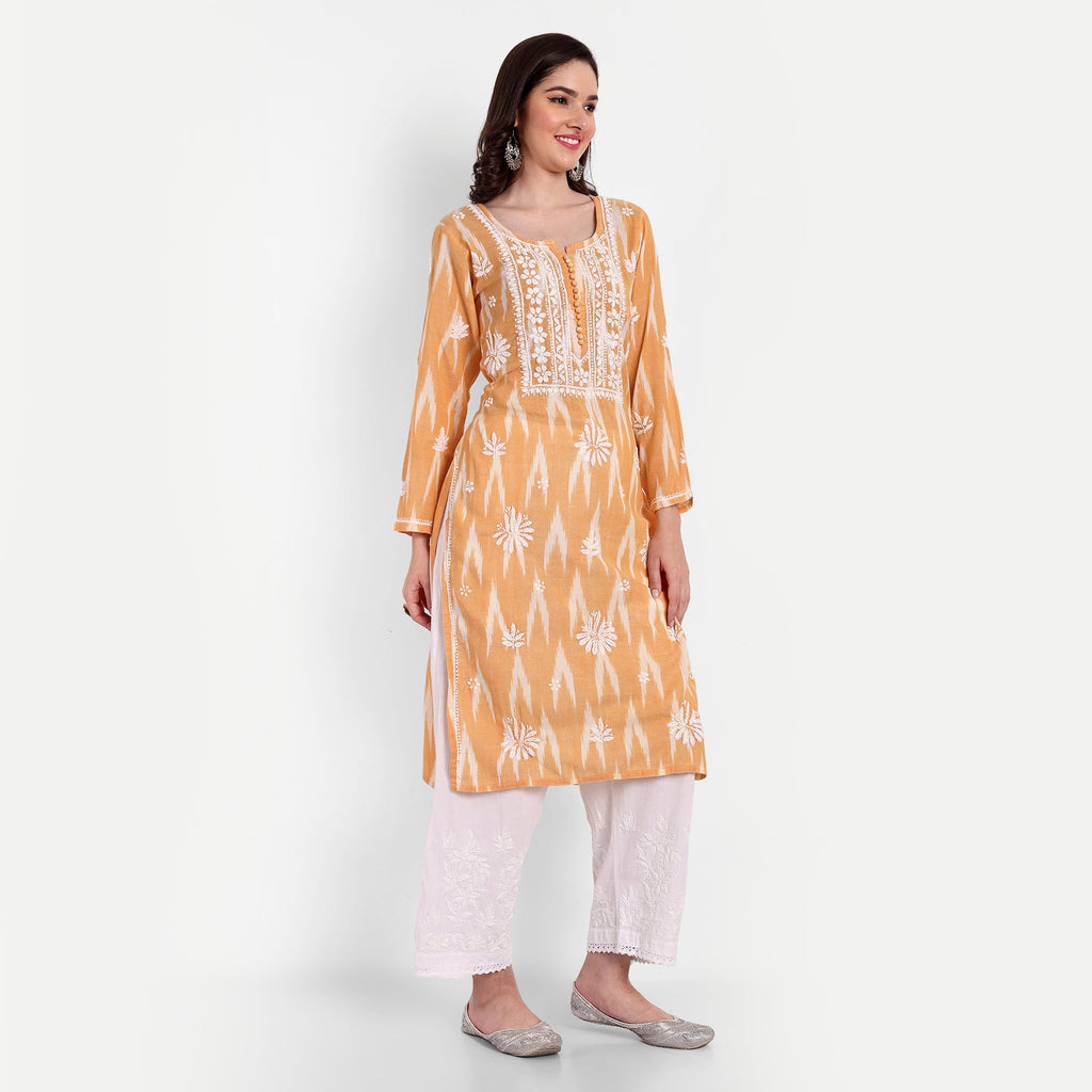 Lucknow Chikankari Hand Embroidered Kurta Ikat Cotton - Indiankala4u