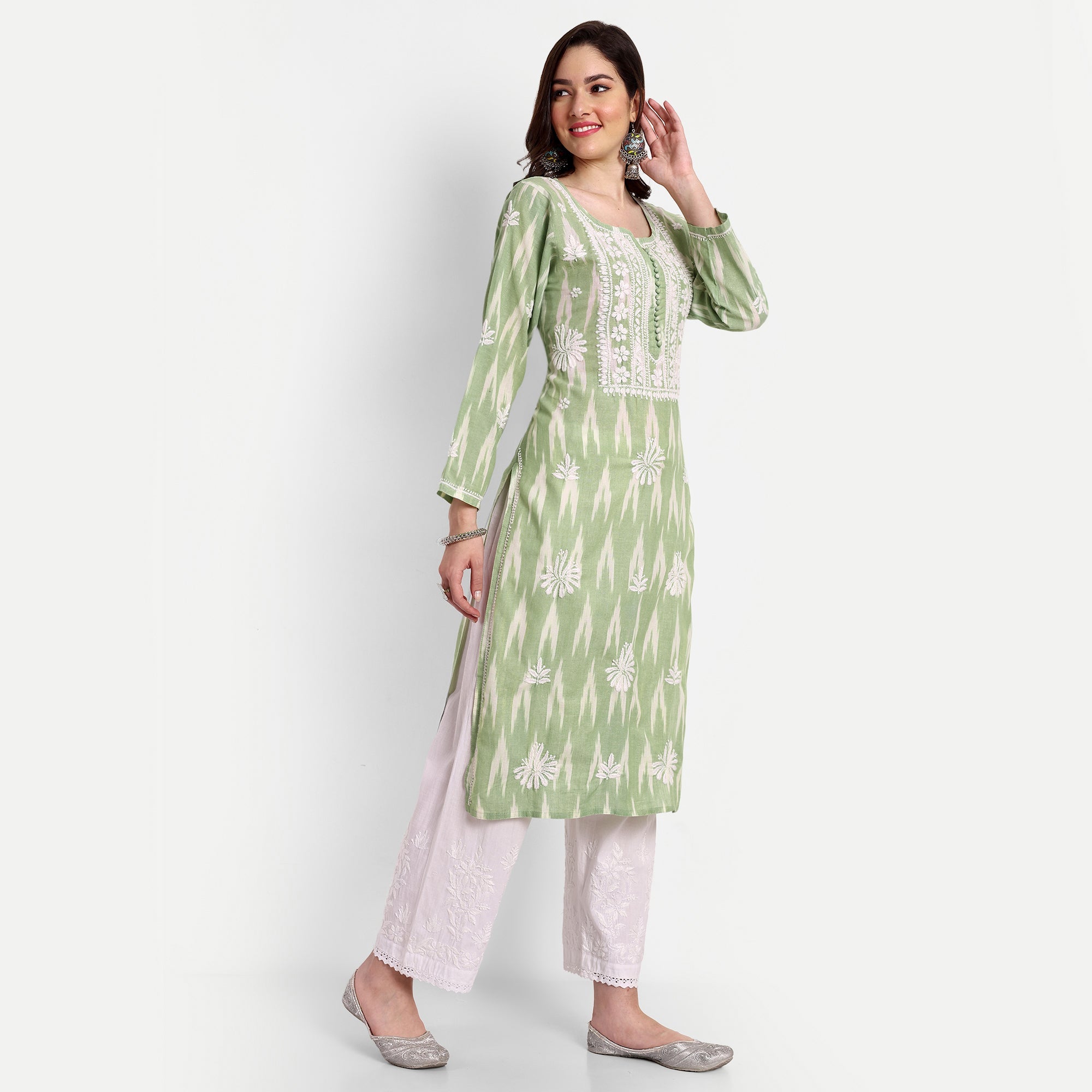 Lucknow Chikankari Hand Embroidered Kurta Ikat Cotton - Indiankala4u