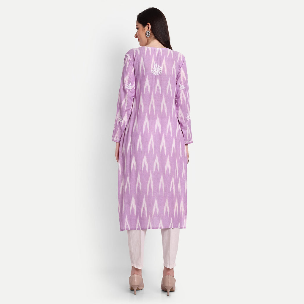 Lucknow Chikankari Hand Embroidered Kurta Ikat Cotton - Indiankala4u