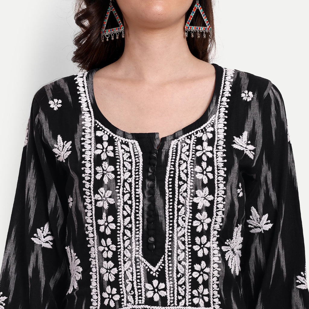 Lucknow Chikankari Hand Embroidered Kurta Ikat Cotton - Indiankala4u