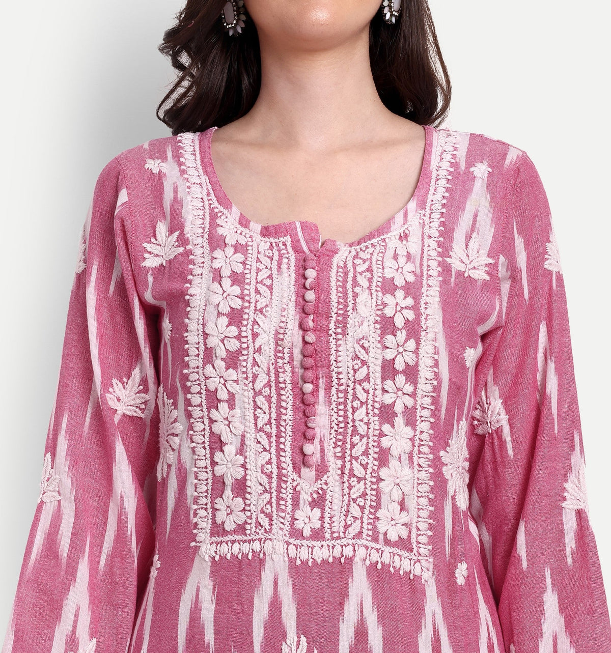 Lucknow Chikankari Hand Embroidered Kurta Ikat Cotton - Indiankala4u