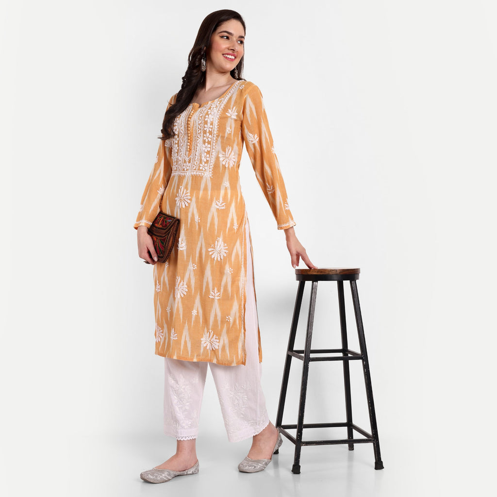 Lucknow Chikankari Hand Embroidered Kurta Ikat Cotton - Indiankala4u