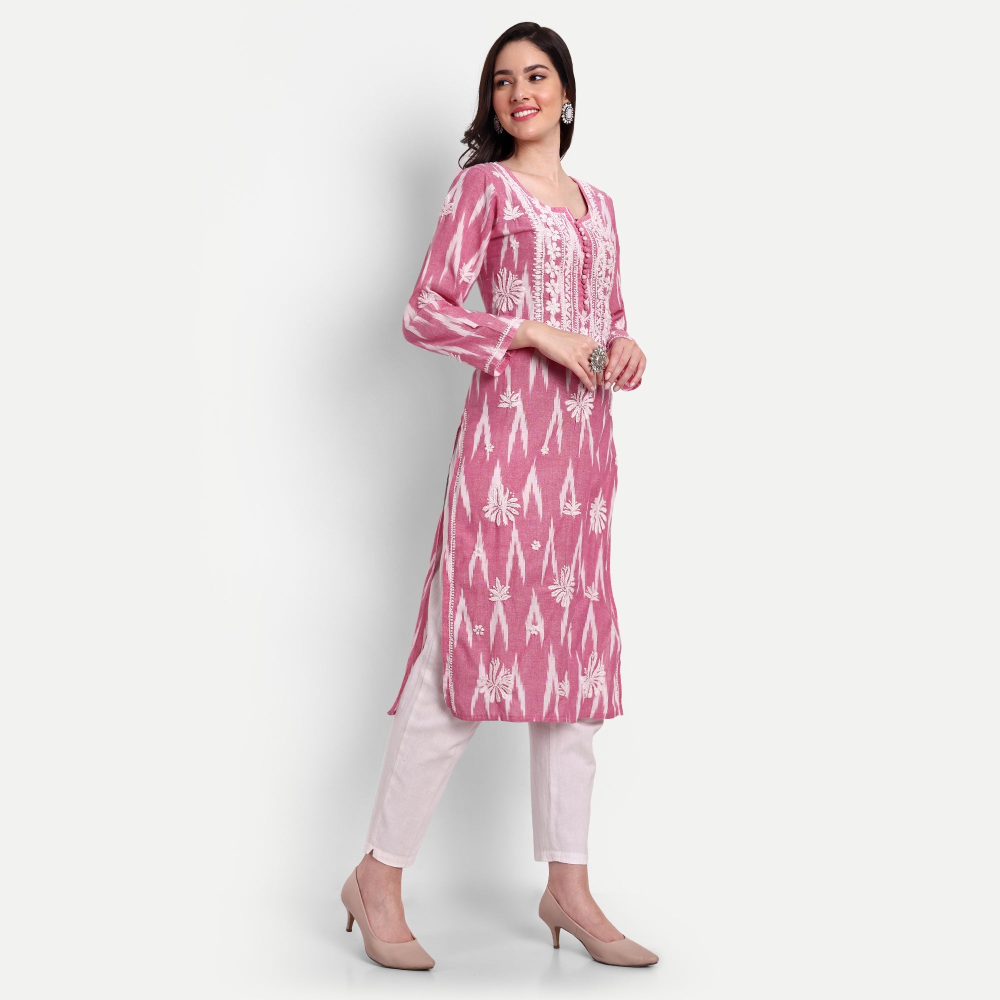 Lucknow Chikankari Hand Embroidered Kurta Ikat Cotton - Indiankala4u